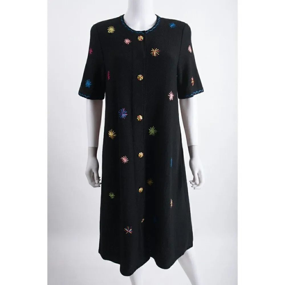 Vintage Alnoral Spokavicius Dress M Black Knit Multicolor Bursts & Buttons 80's